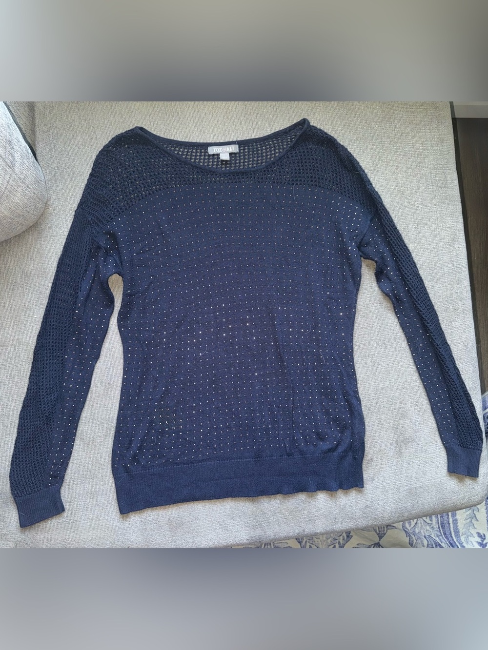 Roz & Ali Navy Open-Knit Crew Sweater with Metallic Accents